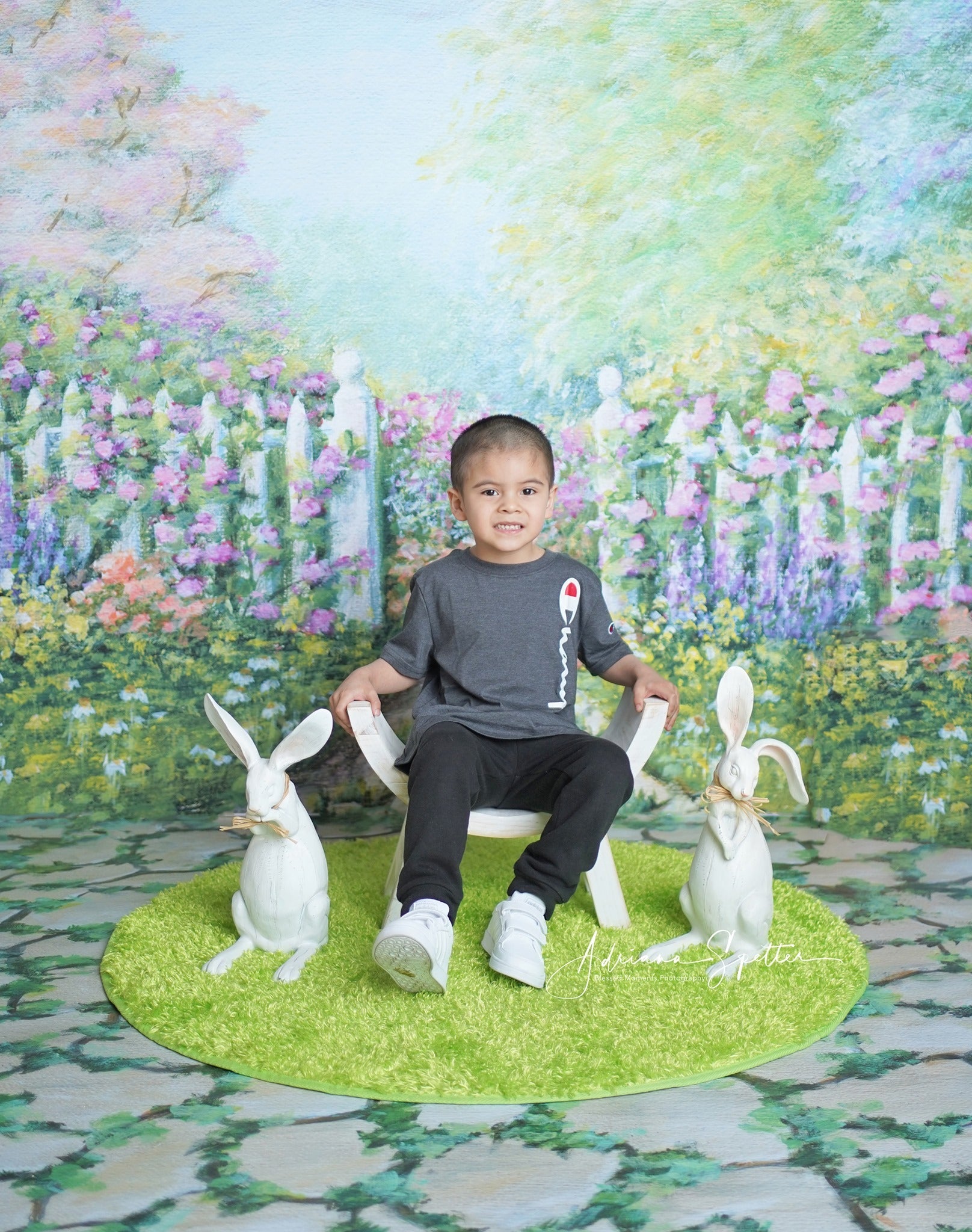 Fond pour nouveau-né Jardin fleuri Clôture blanche Fond photo pour enfants MRR10-20