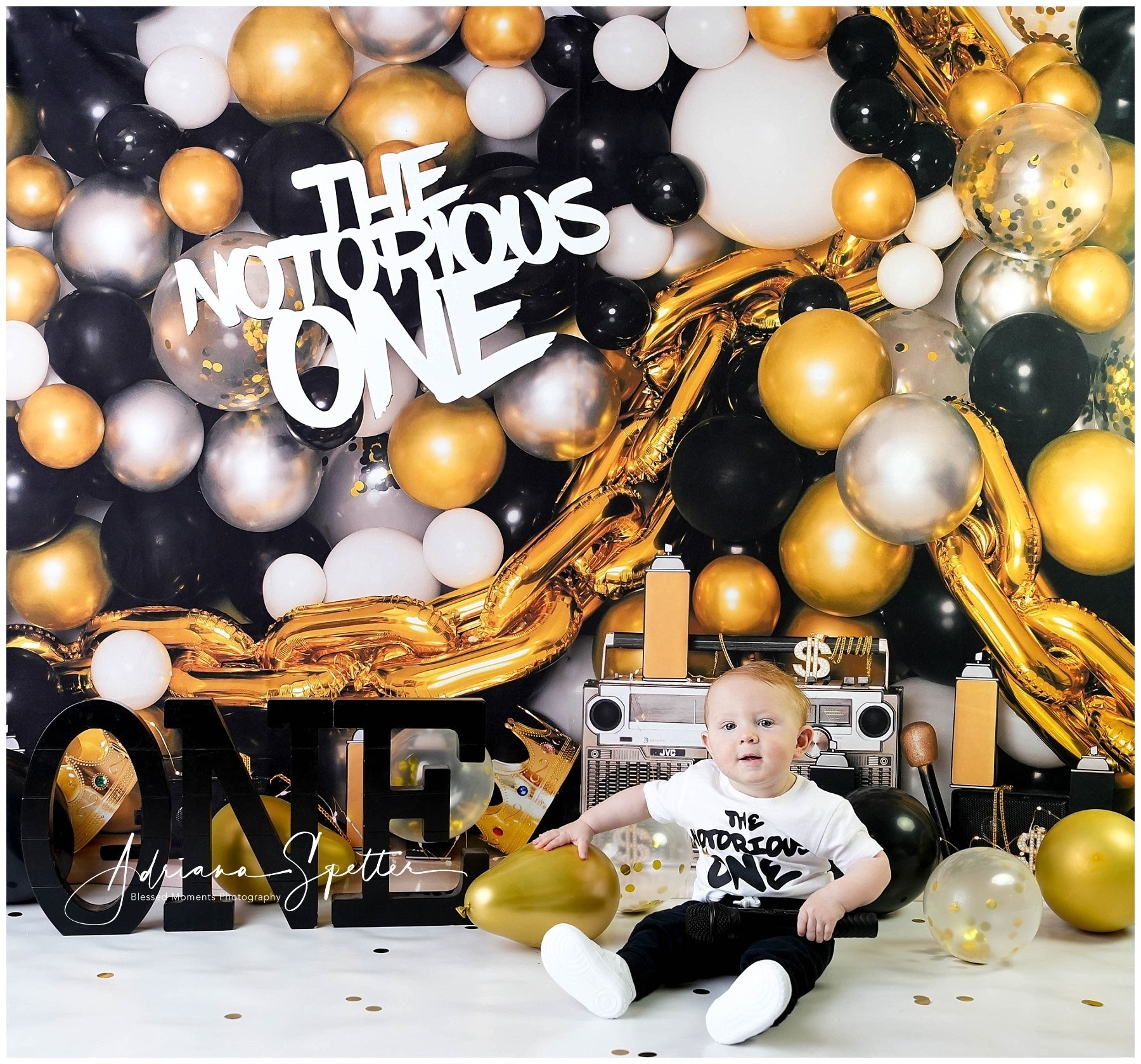 Fond pour cake smash Ballons dorés et noirs Fond pour 1er anniversaire MRR10-43