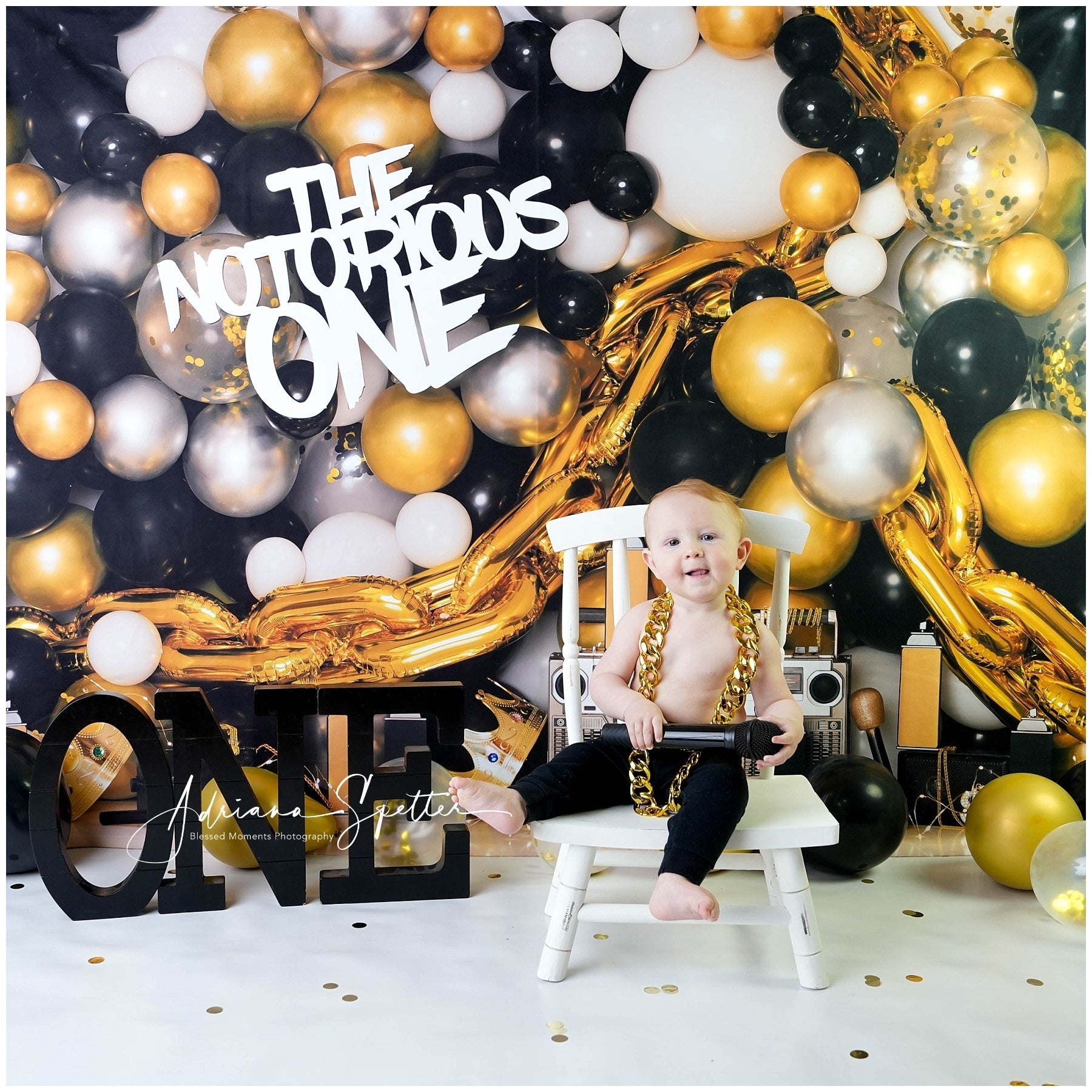 Fond pour cake smash Ballons dorés et noirs Fond pour 1er anniversaire MRR10-43