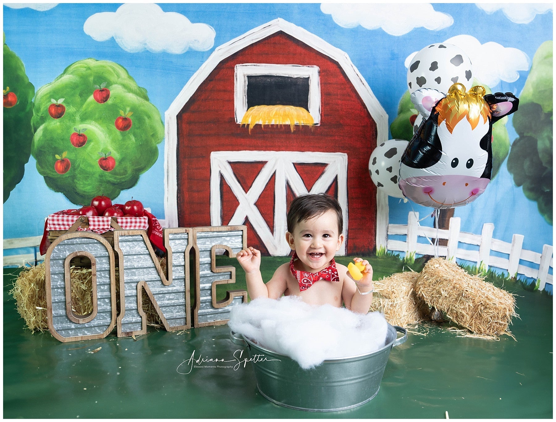 Fond pour cake smash « Grange rouge et pommiers » Fond photo d'anniversaire MRR10-17