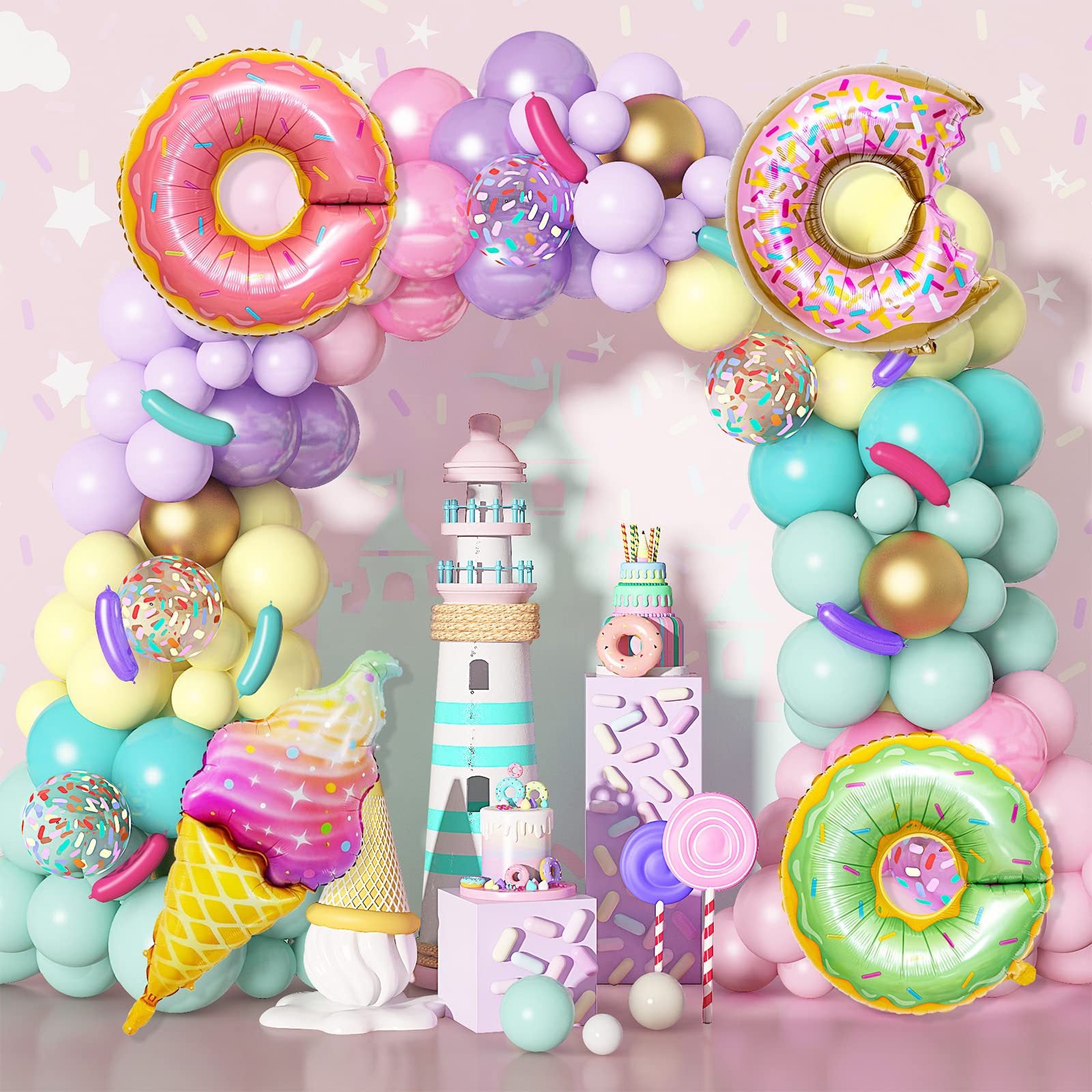 Chaîne de Ballons Fantaisie Macaron Trois Donuts pour Thème d'Anniversaire BA18