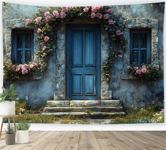 Toile de fond Printemps Maison Rustique en Pierre Rose Encadrée BRP1-10
