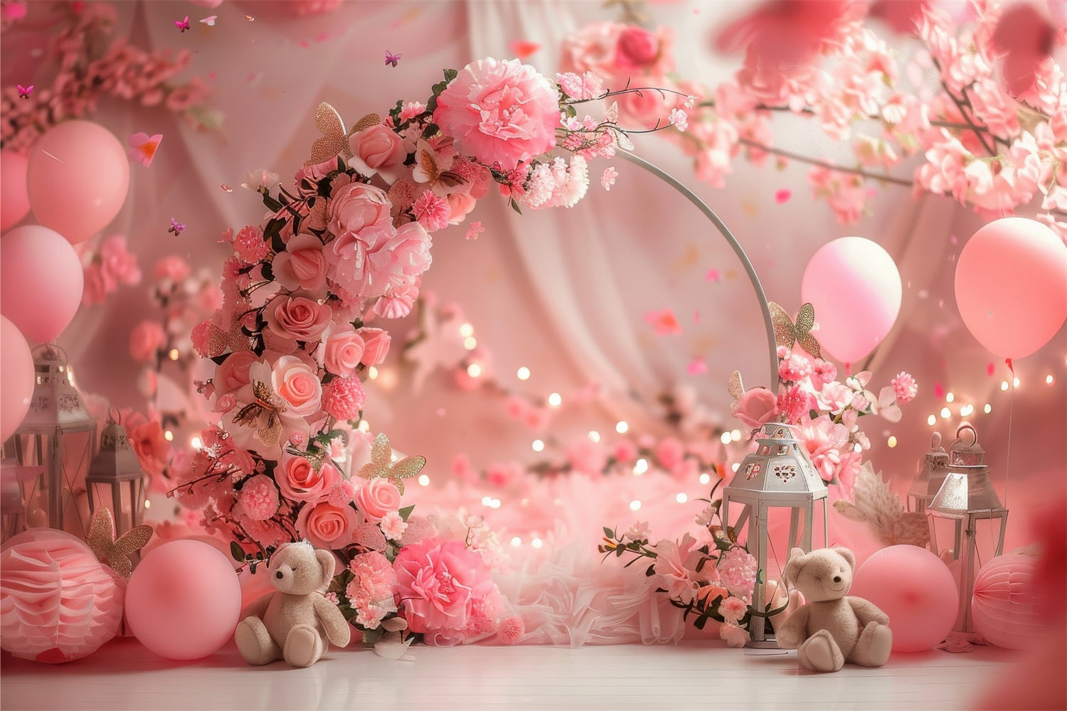 Toile de Fond St-Valentin Arche Florale Rêveuse de Fleurs et Ours BRP1-113