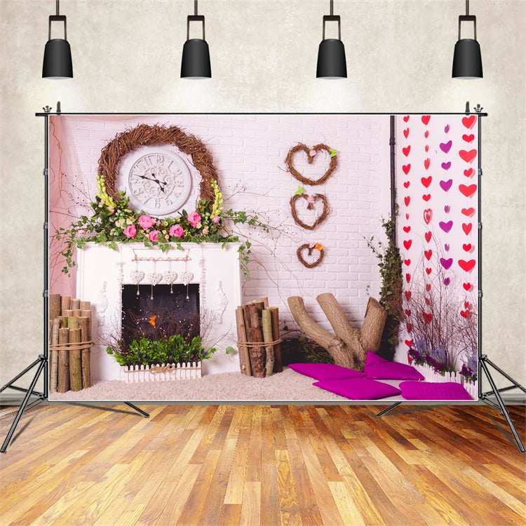 Toile de Fond St-Valentin Cheminée Couronne de Fleurs BRP1-140