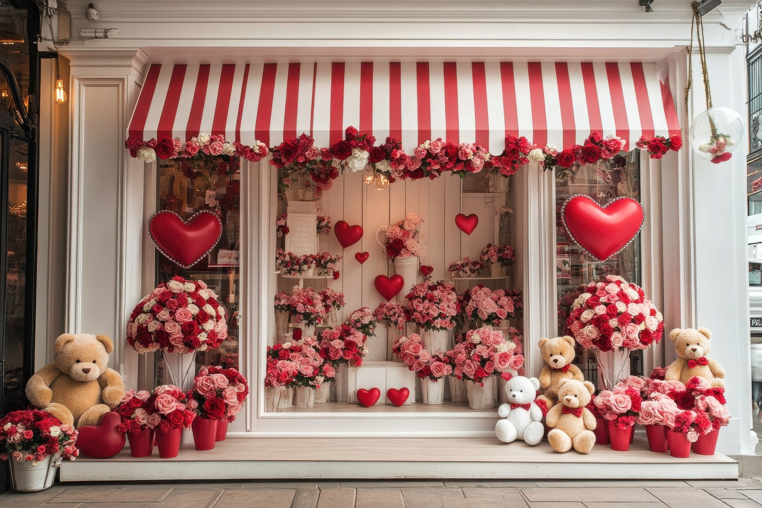Toile de Fond St-Valentin Fenêtre Cœurs Floraux Ours BRP1-164
