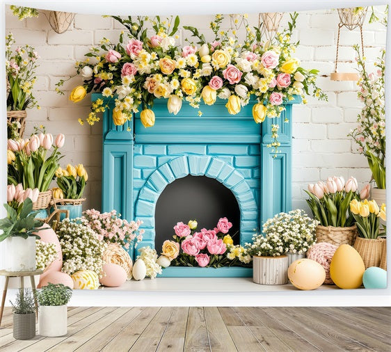 Fond Studio Photo Pâques Cheminée Printemps Panier Œufs BRP1-217