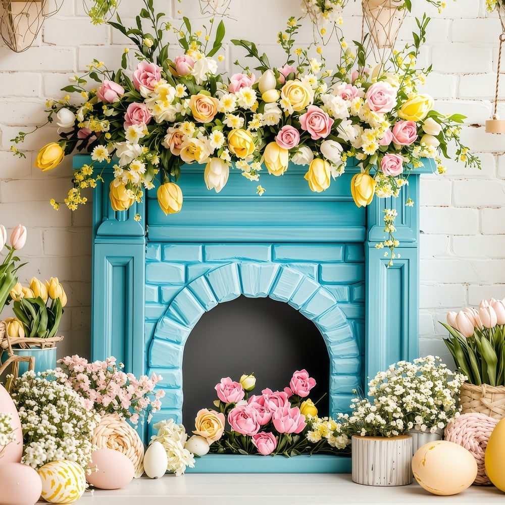 Fond Studio Photo Pâques Cheminée Printemps Panier Œufs BRP1-217