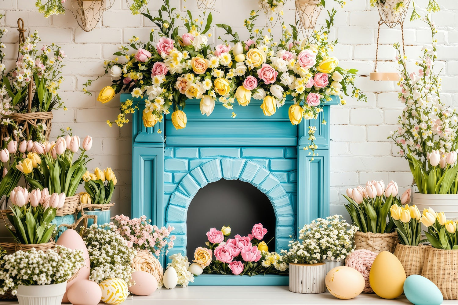 Fond Studio Photo Pâques Cheminée Printemps Panier Œufs BRP1-217