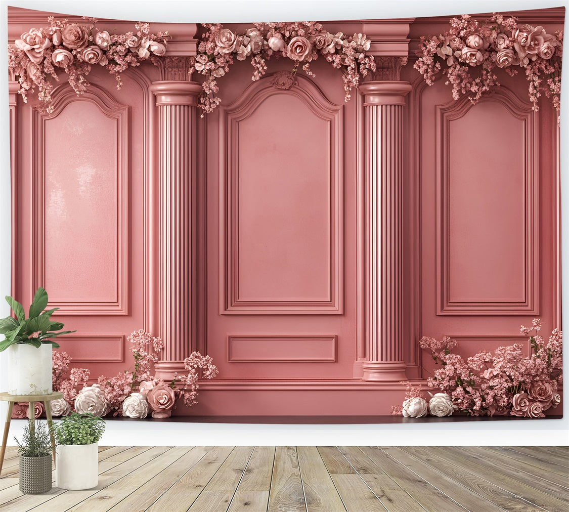 Toile de fond Boudoir Colonnes Roses Ornées Fleurs BRP1-442