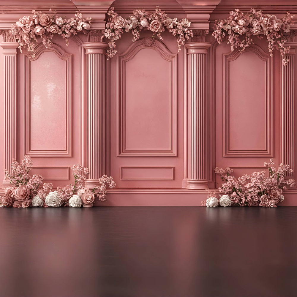 Toile de fond Boudoir Colonnes Roses Ornées Fleurs BRP1-442