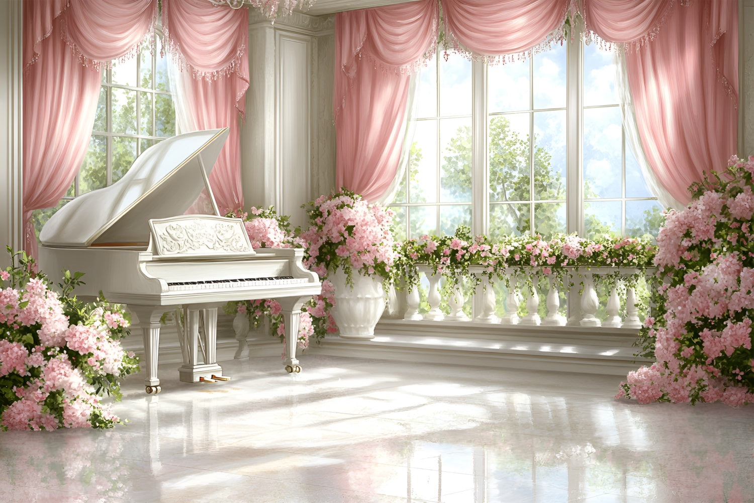 Toile de fond Boudoir Piano Floral Vue Fenêtre BRP1-474