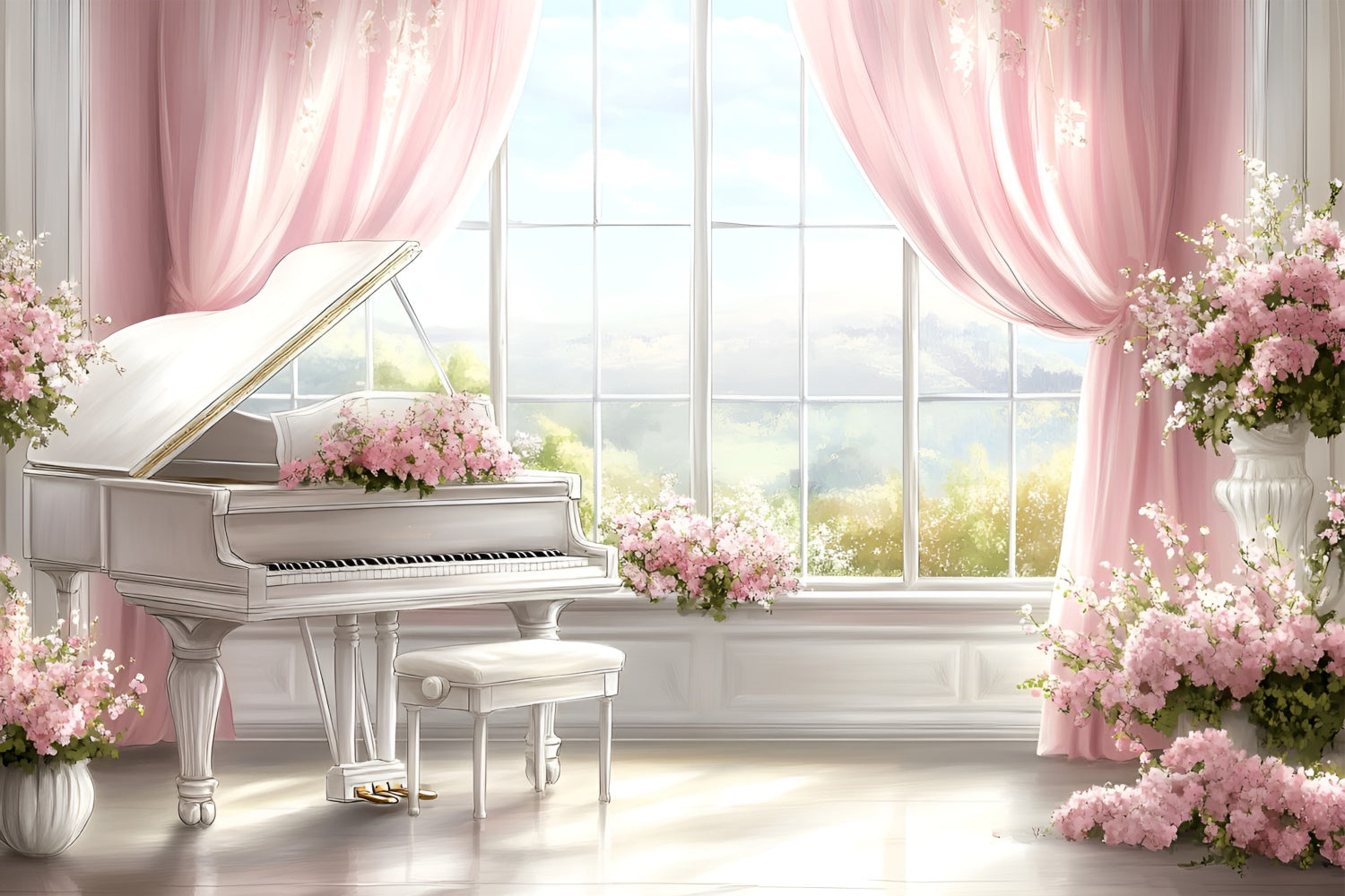 Toile de fond Boudoir Fenêtre Piano Scène Florale BRP1-475
