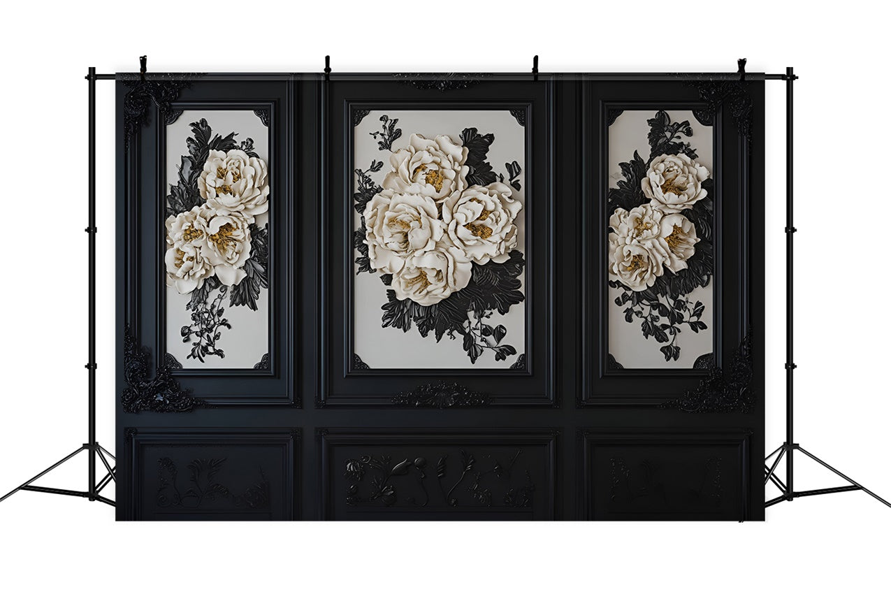 Toile de fond Boudoir Mur Rétro Noir Blanc Floral BRP1-479