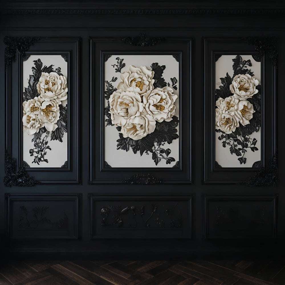 Toile de fond Boudoir Mur Rétro Noir Blanc Floral BRP1-479