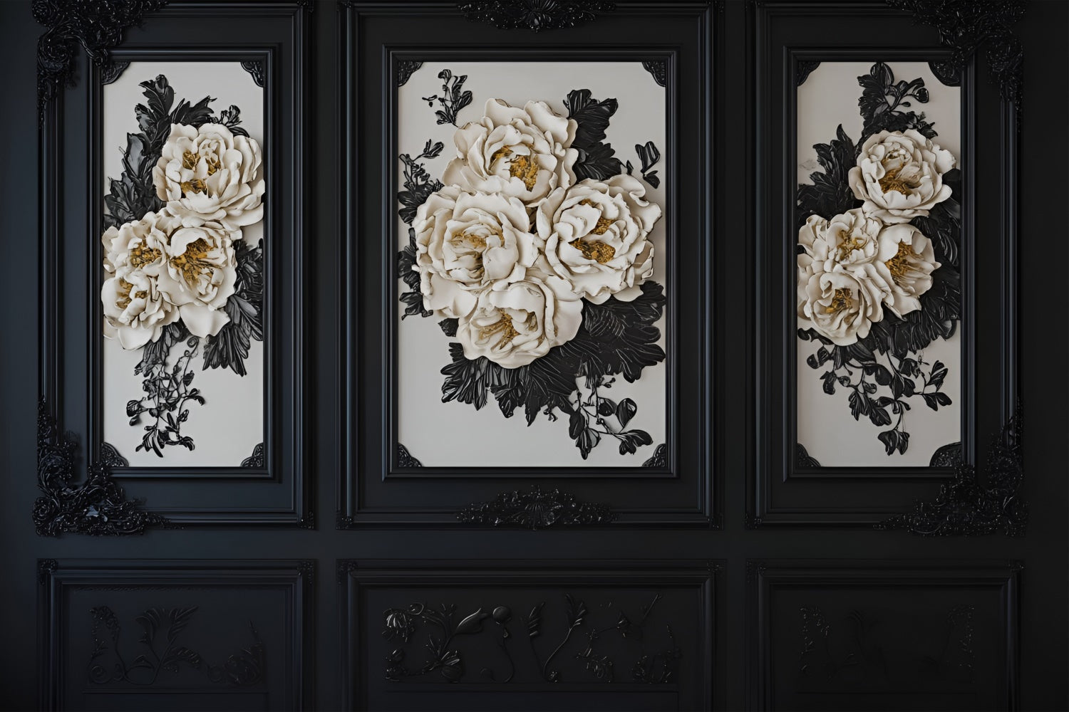 Toile de fond Boudoir Mur Rétro Noir Blanc Floral BRP1-479