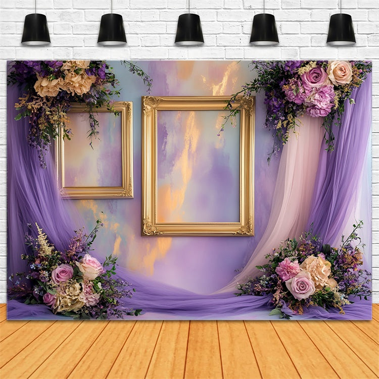 Toile de fond Boudoir Cadres Dorés Fleurs Violettes BRP1-481
