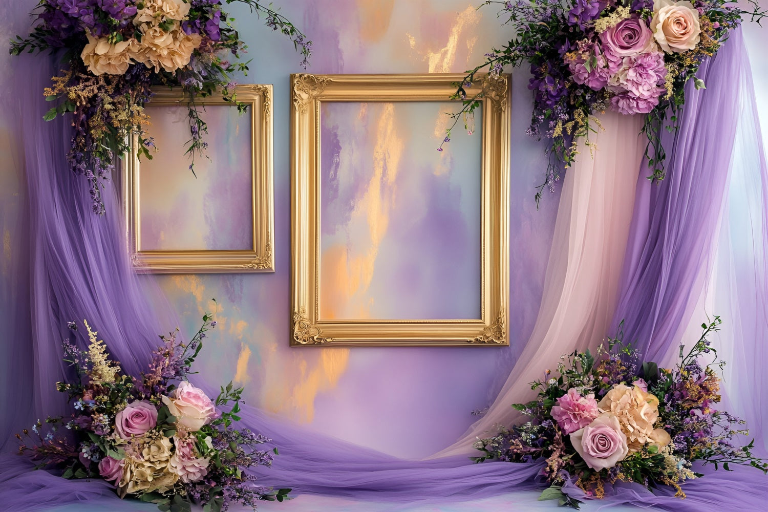 Toile de fond Boudoir Cadres Dorés Fleurs Violettes BRP1-481
