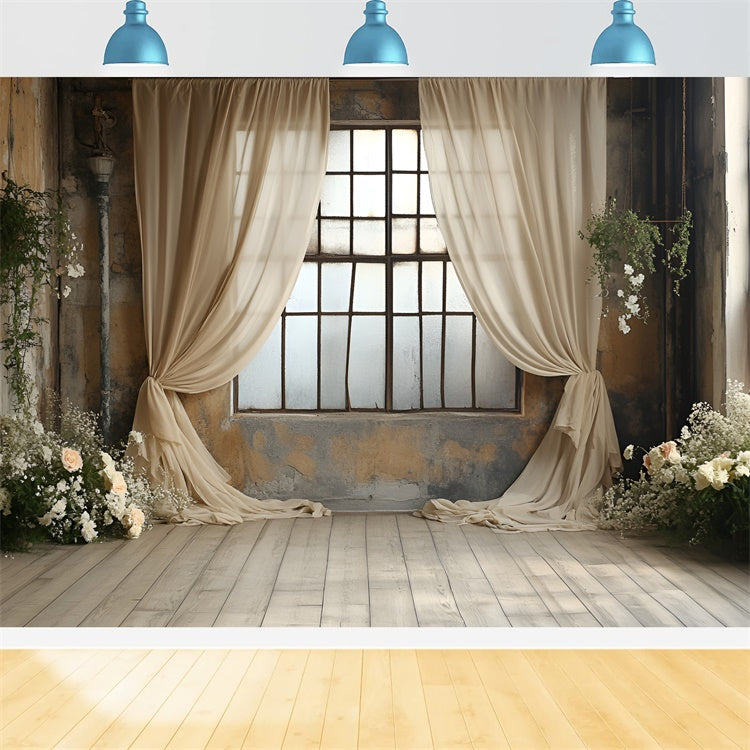 Toile de fond Boudoir Fenêtre Rideaux Beiges Fleurs BRP1-488