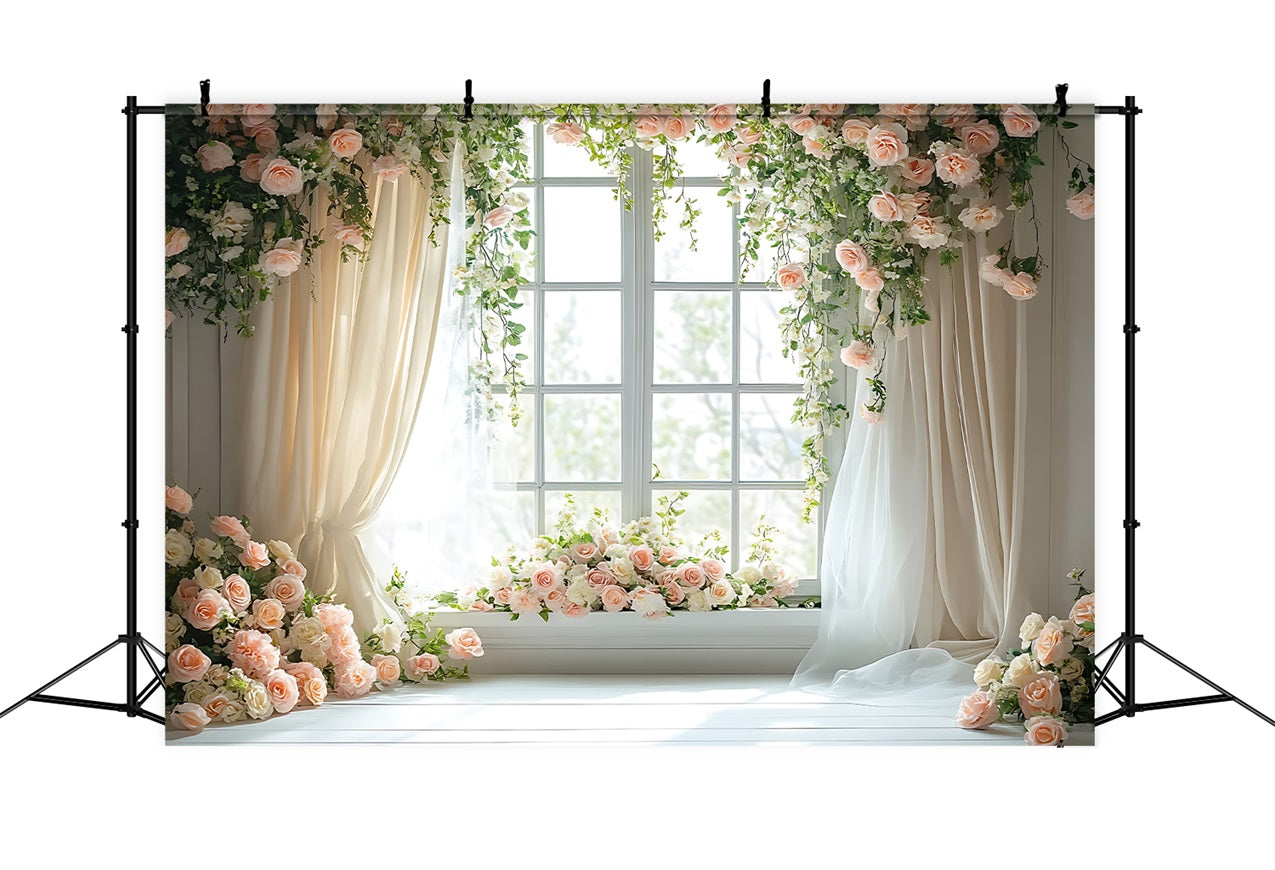 Toile de fond Florale Fenêtre Drapée Roses Pastel BRP1-508