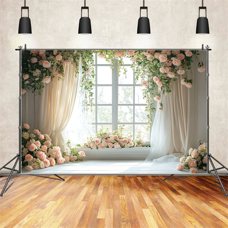 Toile de fond Florale Fenêtre Drapée Roses Pastel BRP1-508