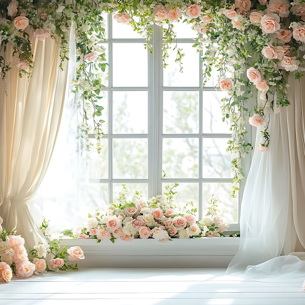 Toile de fond Florale Fenêtre Drapée Roses Pastel BRP1-508
