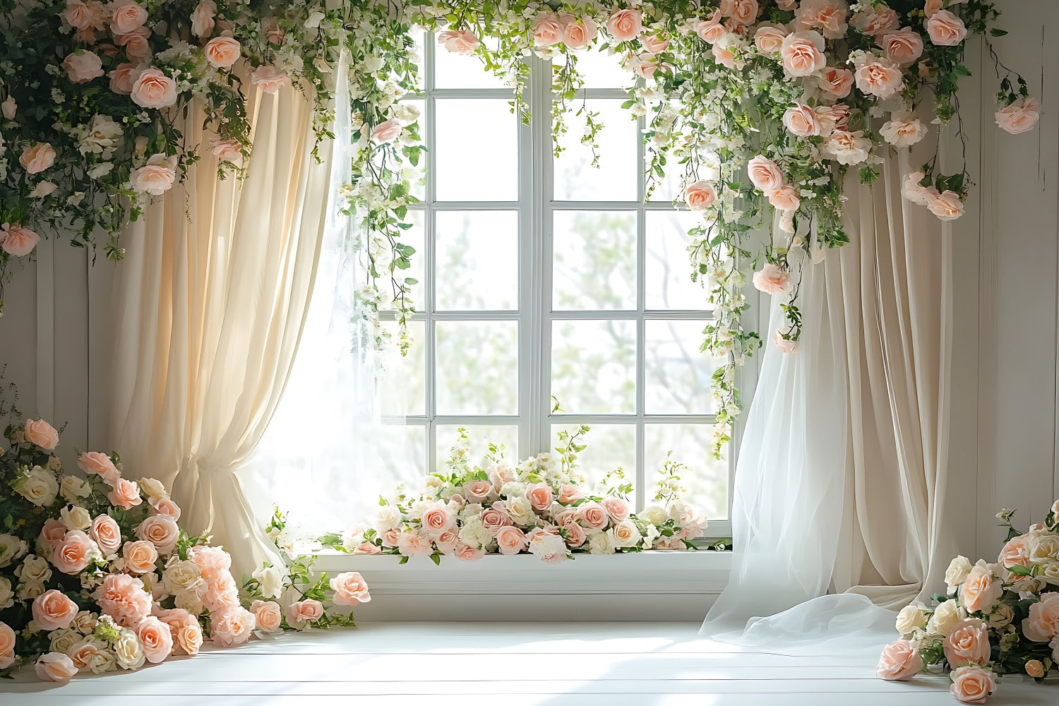 Toile de fond Florale Fenêtre Drapée Roses Pastel BRP1-508