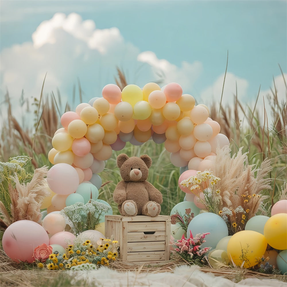 Toile de fond Arche de ballons pastel ours en peluche bohème BRP10-107