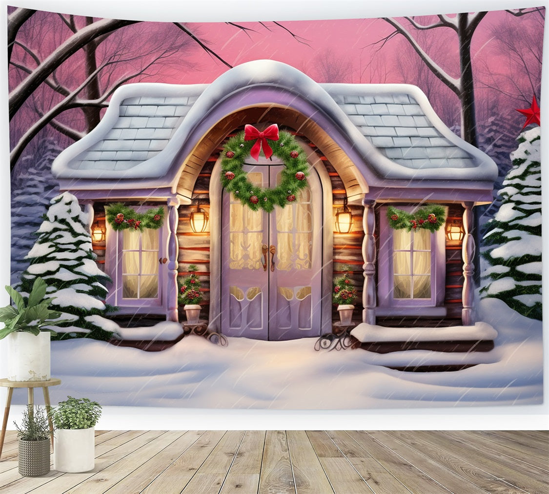 Toile de fond Cabane douillette décor neige accents violets BRP10-26