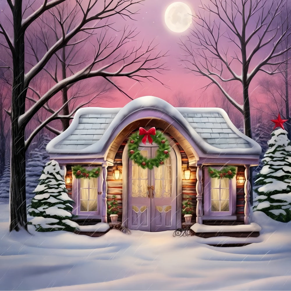 Toile de fond Cabane douillette décor neige accents violets BRP10-26
