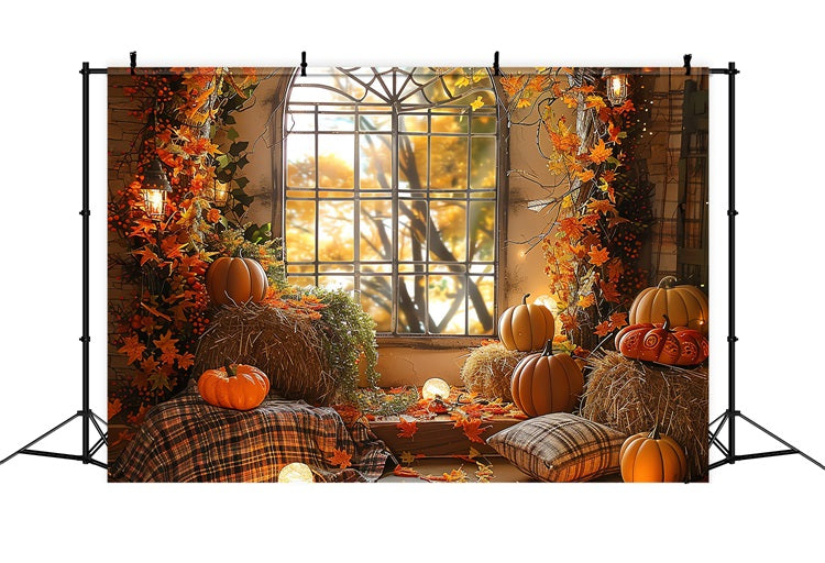 Automne Toile de Fond Fenêtre Citrouilles Balles de Foin Séance Photo BRP10-260