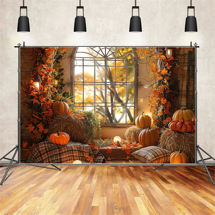 Automne Toile de Fond Fenêtre Citrouilles Balles de Foin Séance Photo BRP10-260