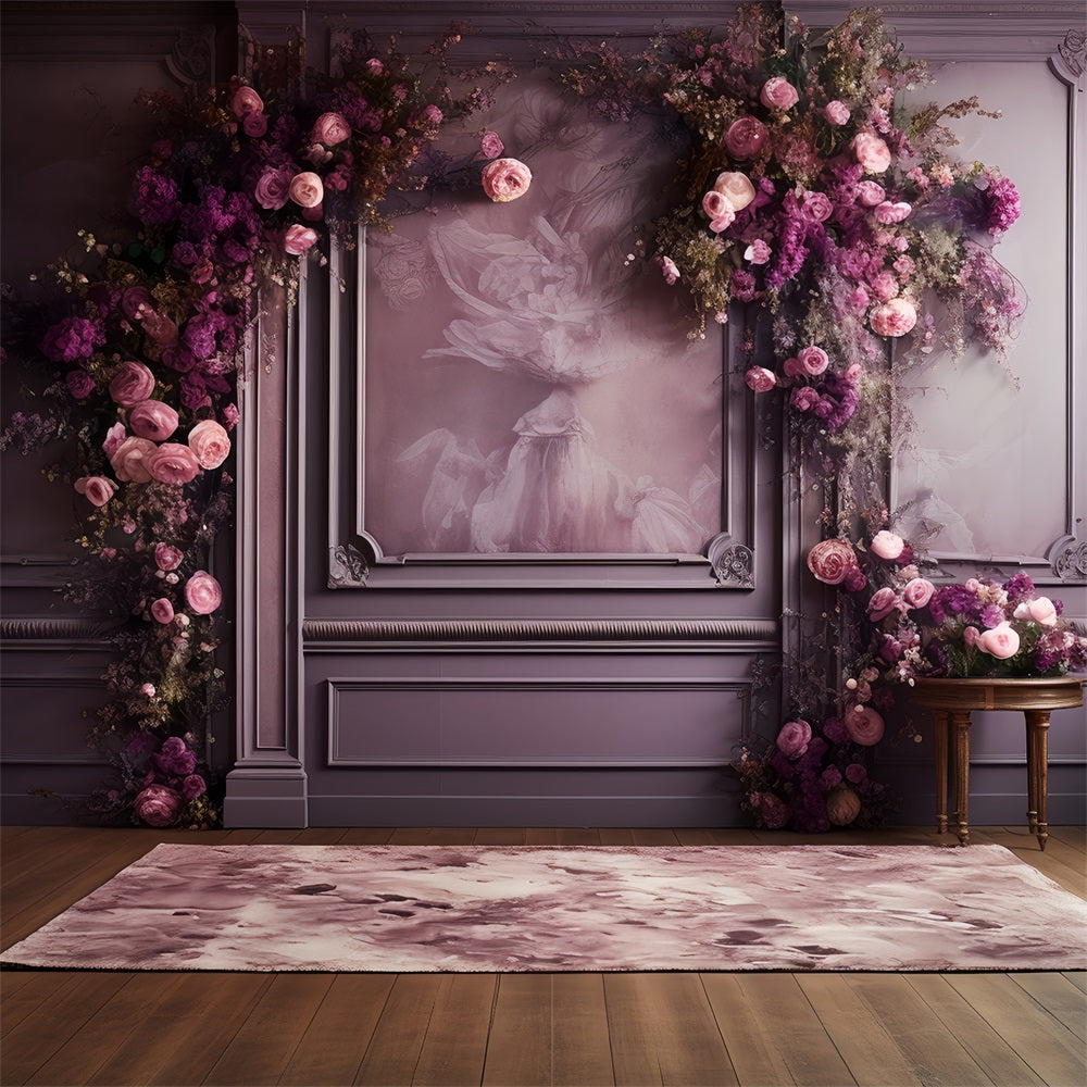 Toile de Fond Mur Rétro Fleurs Roses et Violettes Adornées BRP10-291