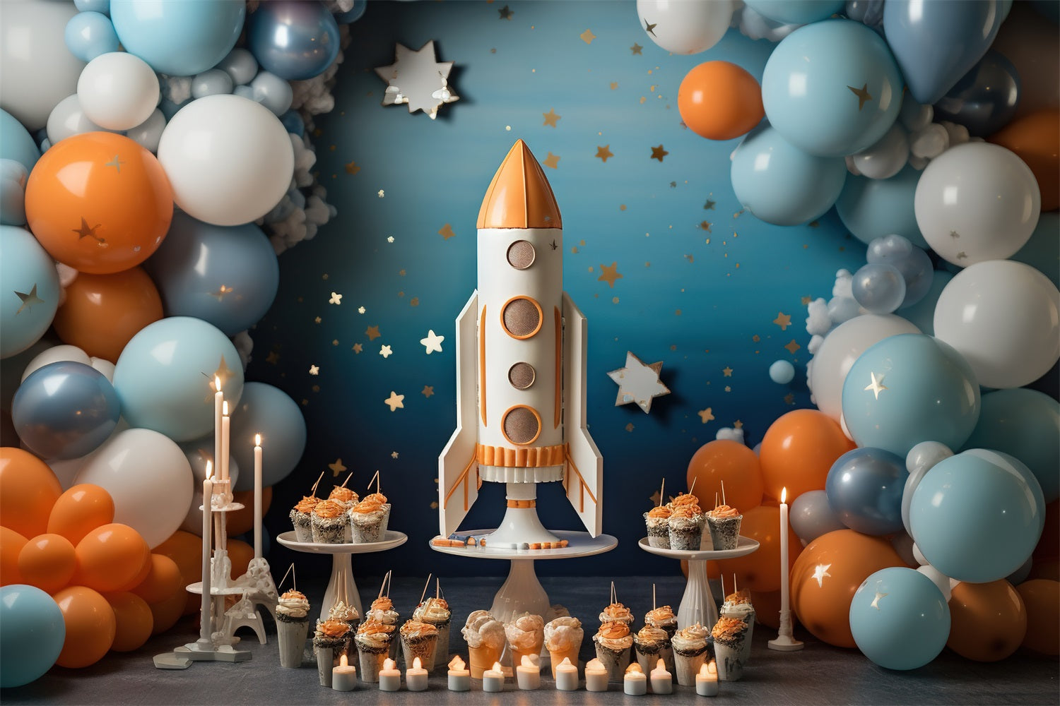 Toile de Fond Anniversaire Cupcake Aventure Fusée BRP10-333