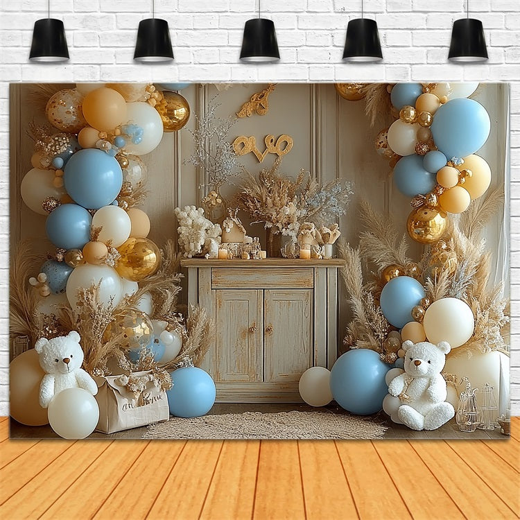 Toile de Fond Joyeux Anniversaire Ballons Pampas Ourson BRP10-354
