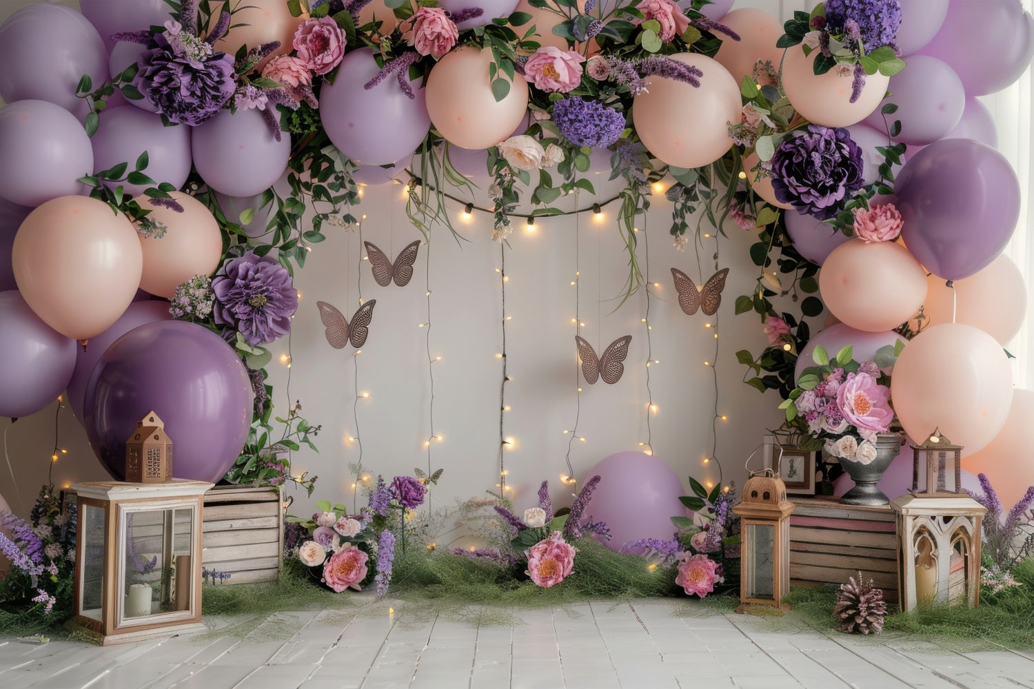 Toile de Fond Joyeux Anniversaire Ballons Roses Papillon Fleurs BRP10-355