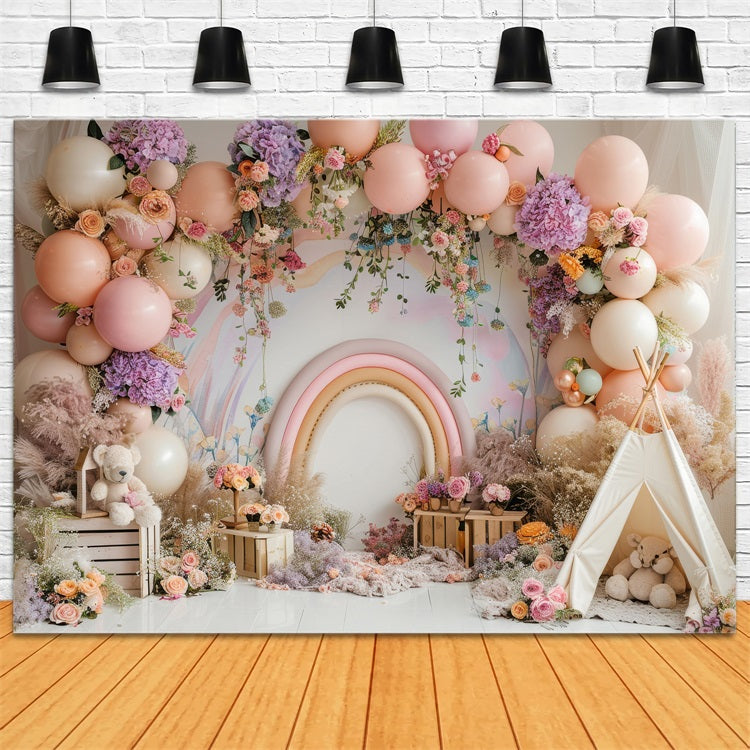 Toile de Fond Joyeux Anniversaire Ballons Teepee Arc-en-Ciel BRP10-366