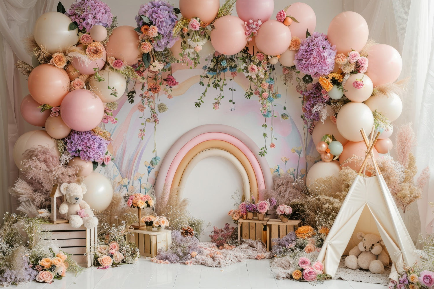 Toile de Fond Joyeux Anniversaire Ballons Teepee Arc-en-Ciel BRP10-366