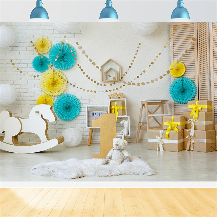 Toile de Fond Joyeux Anniversaire 1er Cheval à Bascule Cadeaux BRP10-386