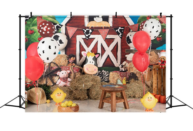 Toile de Fond Anniversaire Photographie Vache Ballons Animaux de Ferme BRP10-401