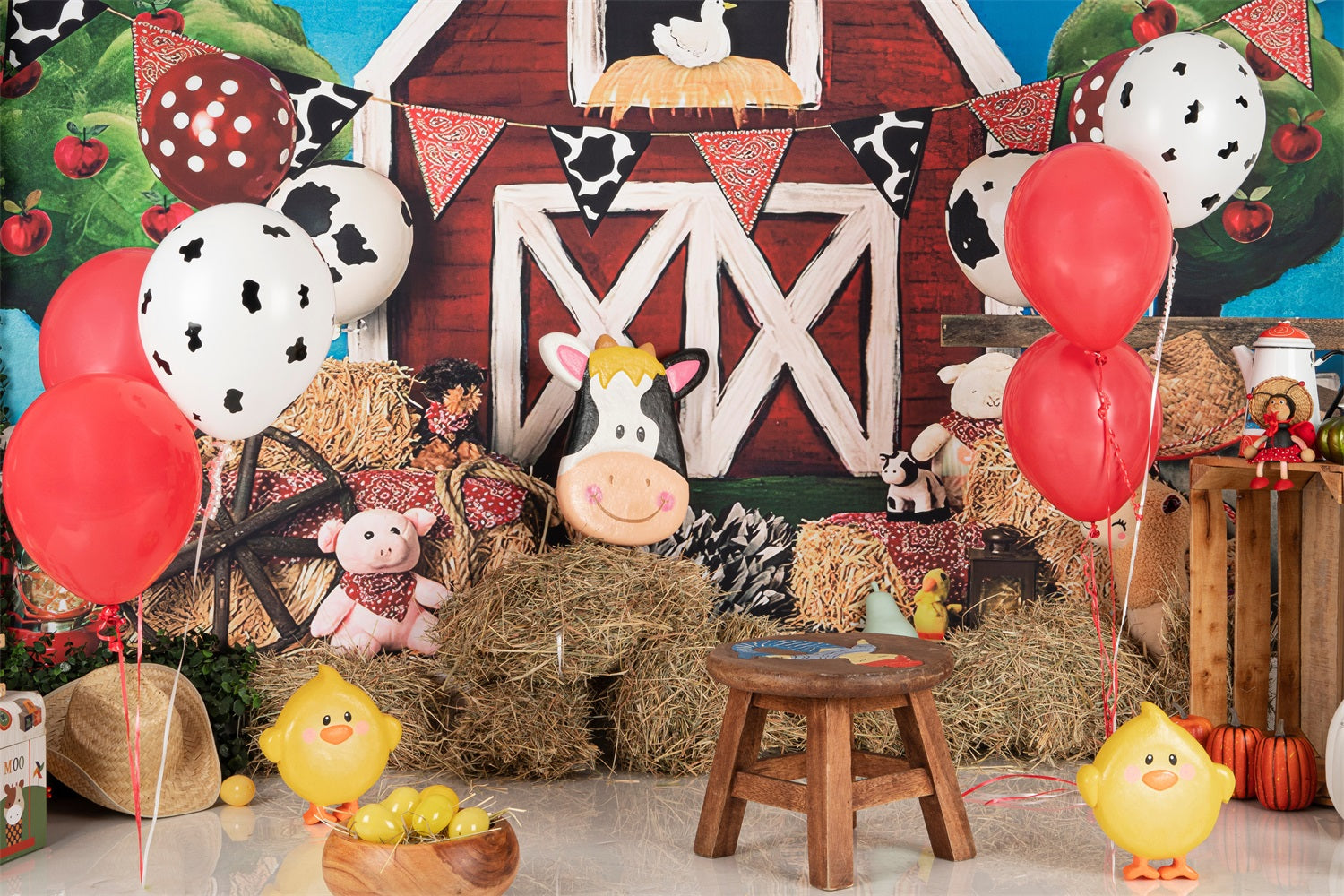 Toile de Fond Anniversaire Photographie Vache Ballons Animaux de Ferme BRP10-401