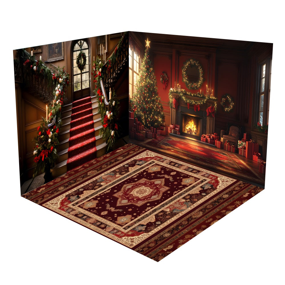 Ensemble de Salle Escalier Arbre et Cheminée de Noël BRP10-445
