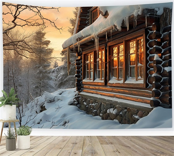 Toile de fond Cabane en bois illuminée arbres enneigés BRP10-46