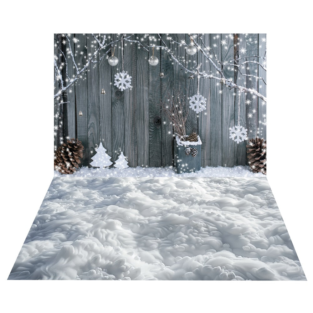 Toile de Fond de Clôture en Bois Hivernale + Sol de Neige Douce BRP10-466