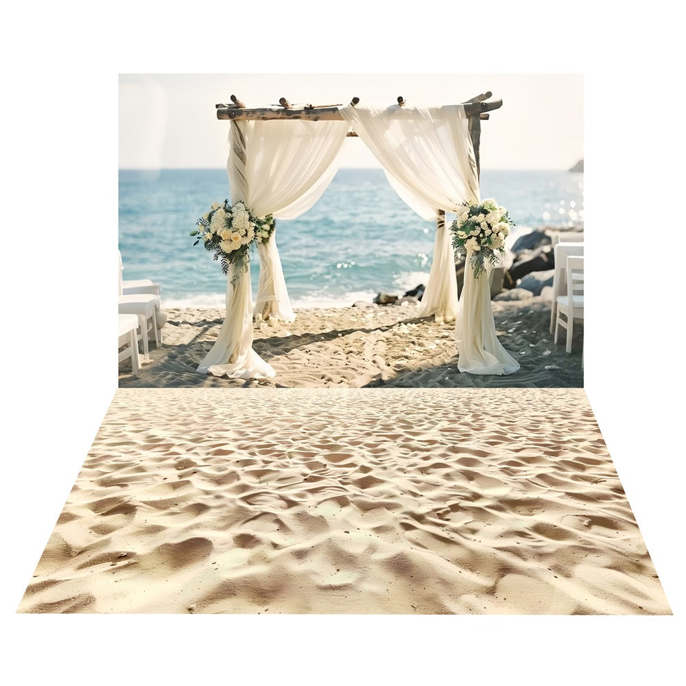 Toile de Fond Boho d'Arche de Mariage en Bord de Mer + Sol de Sable Ensoleillé BRP10-471