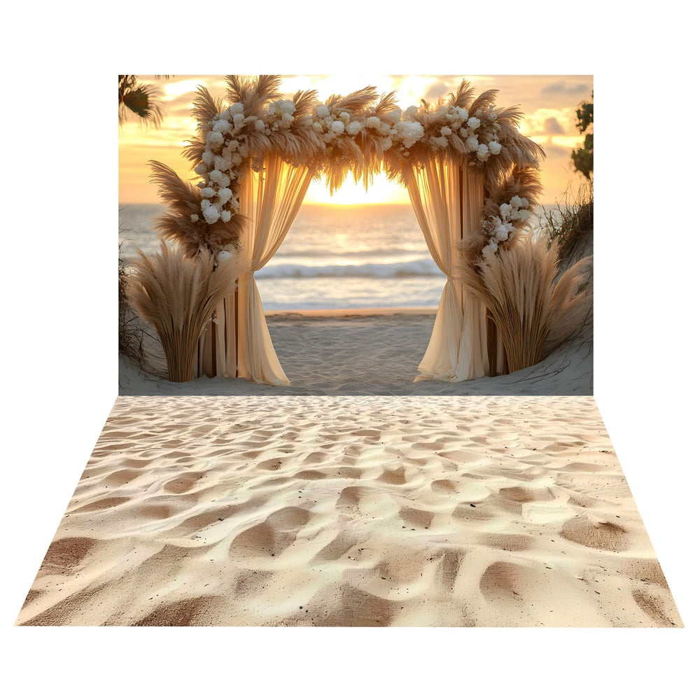 Toile de Fond Boho d'Arche de Coucher de Soleil + Sol de Sable de Plage BRP10-477