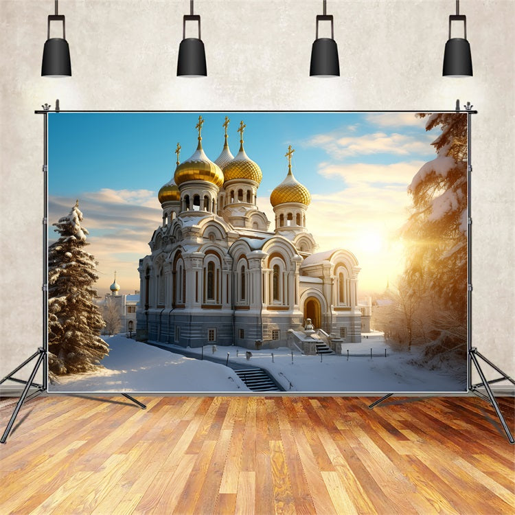 Toile de fond Cathédrale enneigée avec dômes dorés BRP10-51
