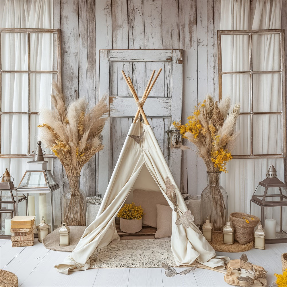 Toile de fond Tipi douillet fleurs naturelles bohème BRP10-86