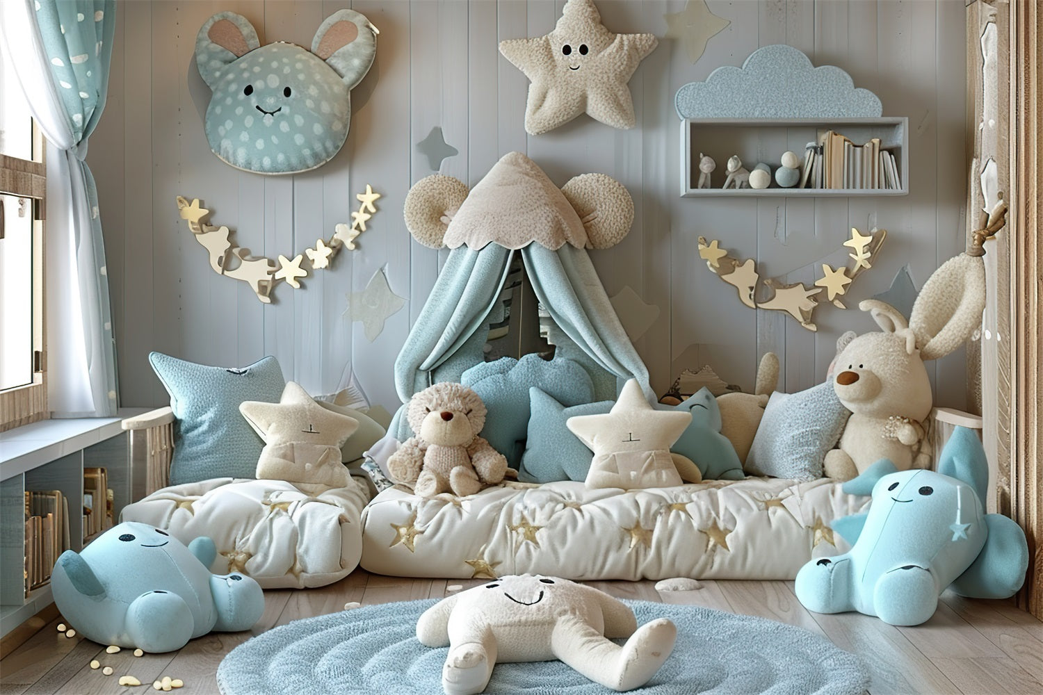 Toile de fond Ours en peluche bleu étoilé bohème douillet BRP10-97