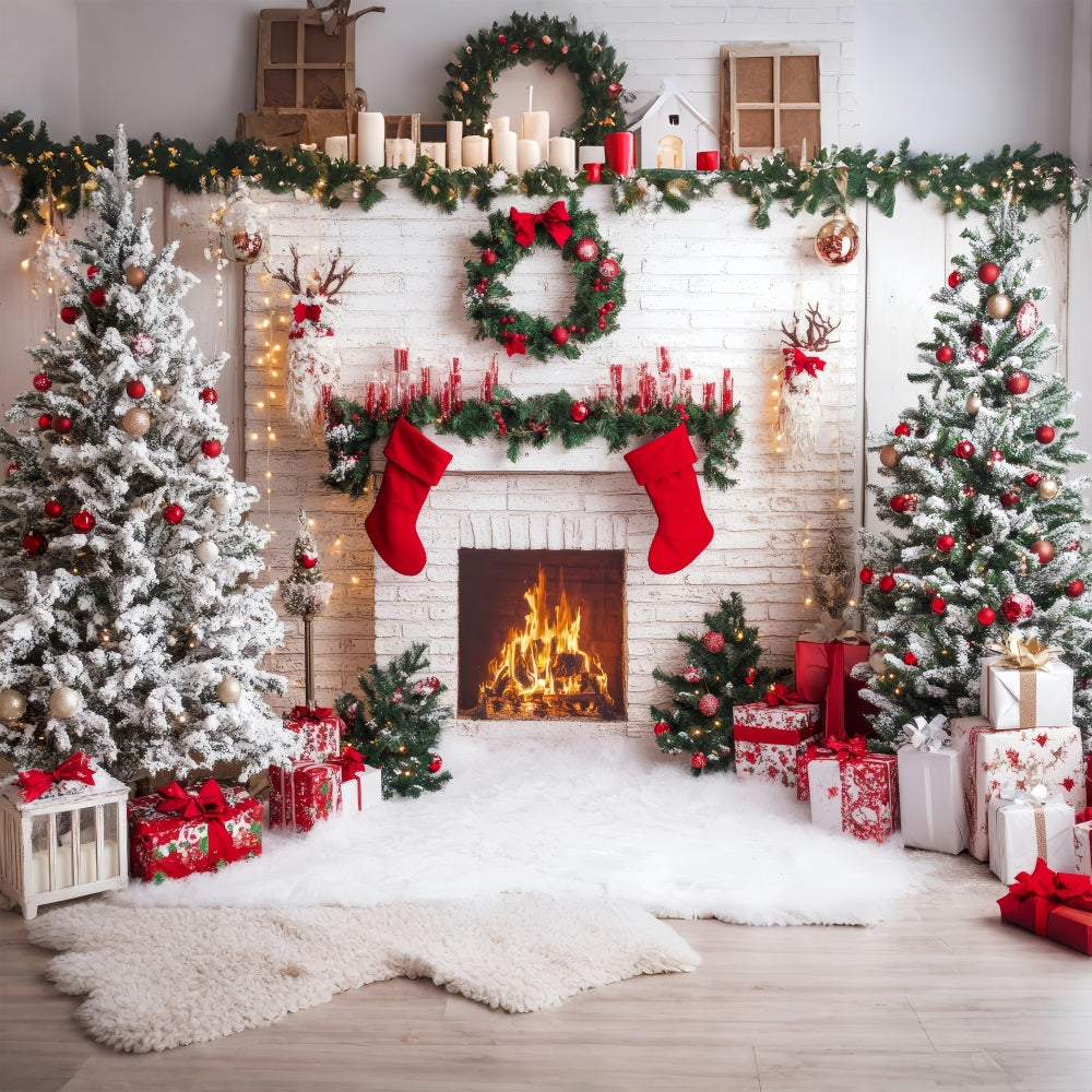 Toile de fond de Noël Cheminée Bas Rouges BRP11-219