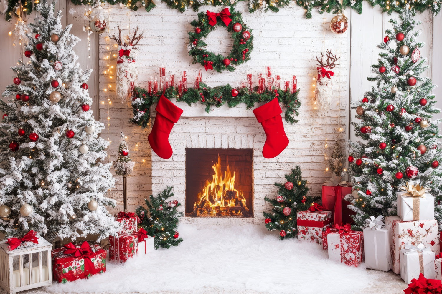 Toile de fond de Noël Cheminée Bas Rouges BRP11-219